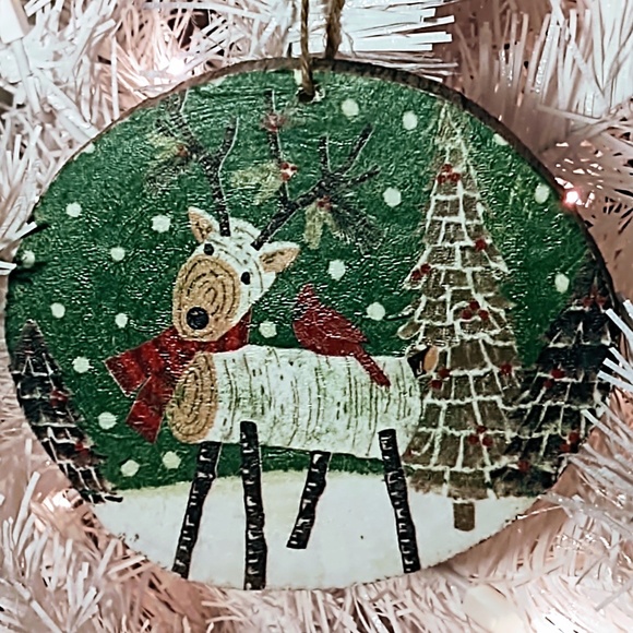 Hand Crafted Decoupage Wooden Christmas Ornament/Log Deer with Cardinal Decor - Picture 3 of 3
